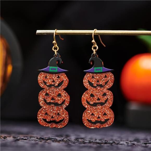 WOWORAMA Triple Pumpkin Dangle Earrings | Glitter Jack-O’-Lantern & Witch Hat - Picture 4 of 6